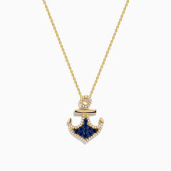 The Seaside 14K Yellow Gold Blue Sapphire and Diamond Anchor Pendant features a yellow gold necklace with sparkling blue sapphires and diamonds, showcased against a white background.