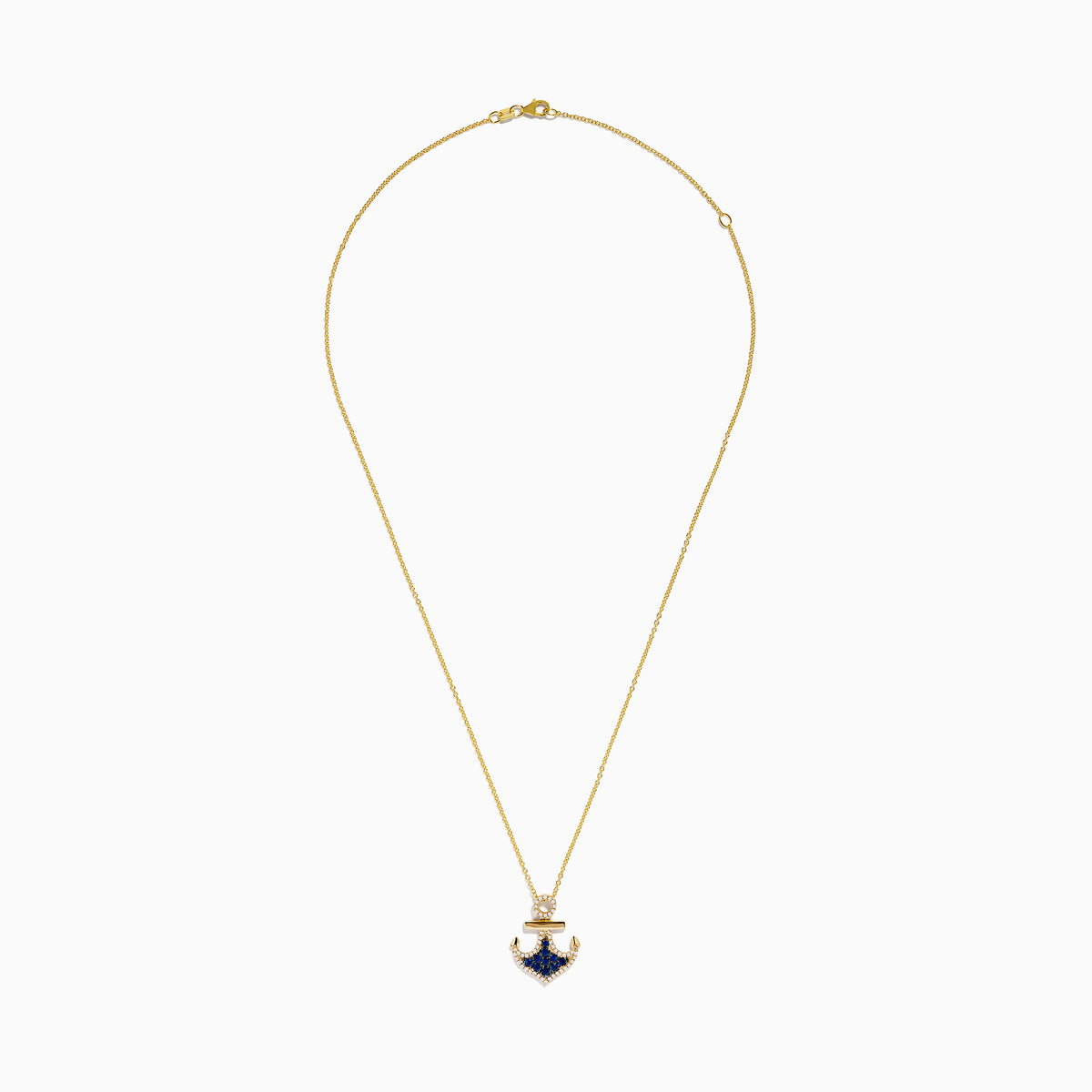 The Seaside 14K Yellow Gold Blue Sapphire and Diamond Anchor Pendant features a yellow gold necklace with sparkling blue sapphires and diamonds, showcased against a white background.
