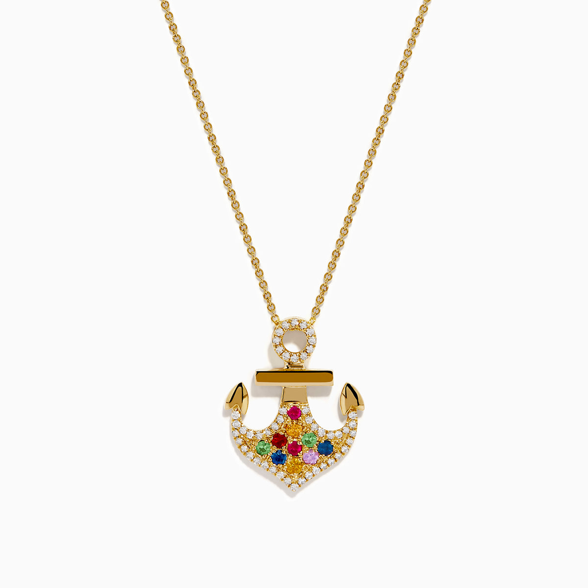 Introducing the Seaside 14K Yellow Gold Multi Sapphire and Diamond Anchor Pendant—a delicate gold necklace featuring a diamond anchor adorned with sapphires and colorful gemstones.