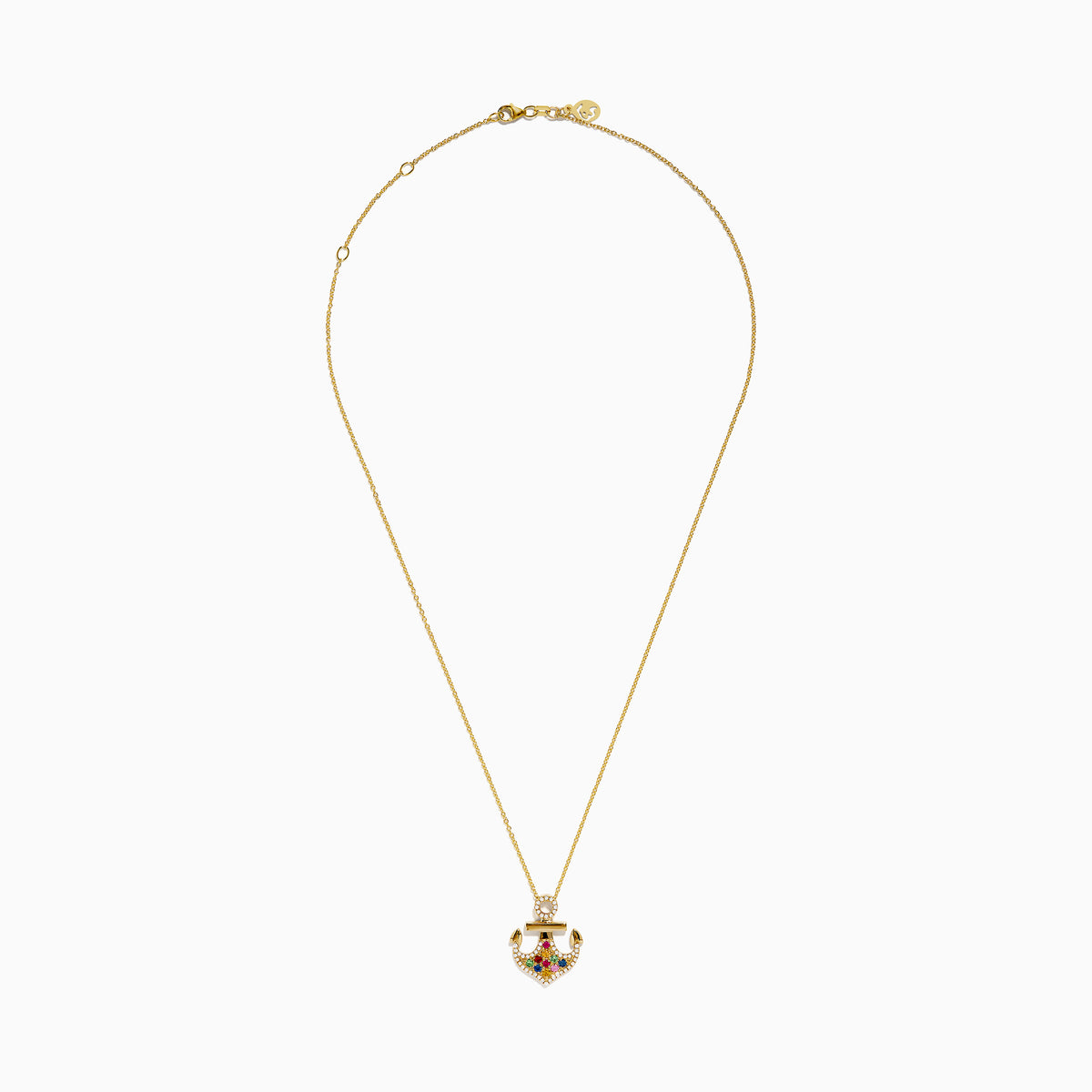 Introducing the Seaside 14K Yellow Gold Multi Sapphire and Diamond Anchor Pendant—a delicate gold necklace featuring a diamond anchor adorned with sapphires and colorful gemstones.