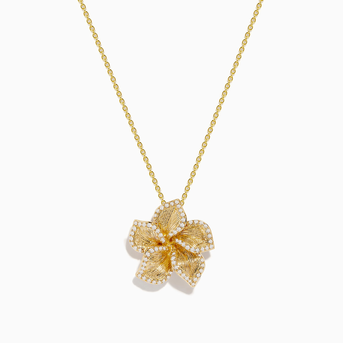 The Nature 14K Yellow Gold Diamond Flower Pendant features a delicate chain and a detailed, textured five-petal flower design.