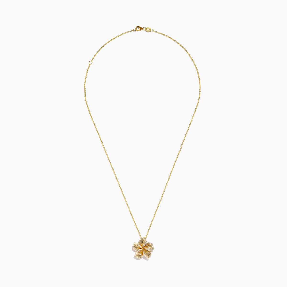 The Nature 14K Yellow Gold Diamond Flower Pendant features a delicate chain and a detailed, textured five-petal flower design.