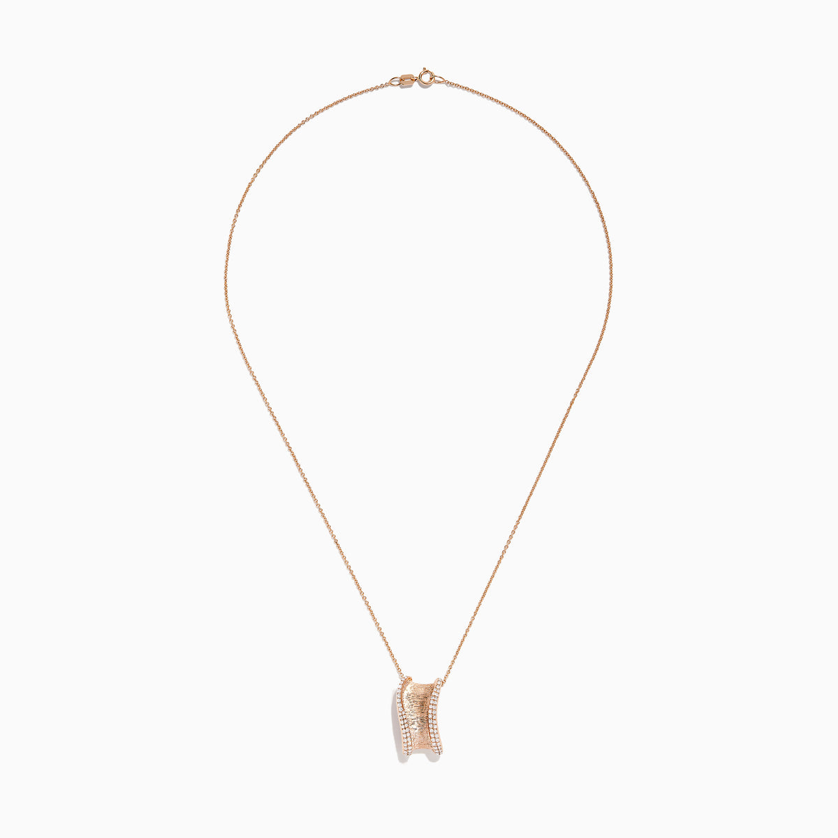 The Pave Rose 14k Textured Rose Gold Diamond Pendant features a curved, textured gold pendant with sparkling diamonds along the edges, displayed on a rose gold chain against a white background.