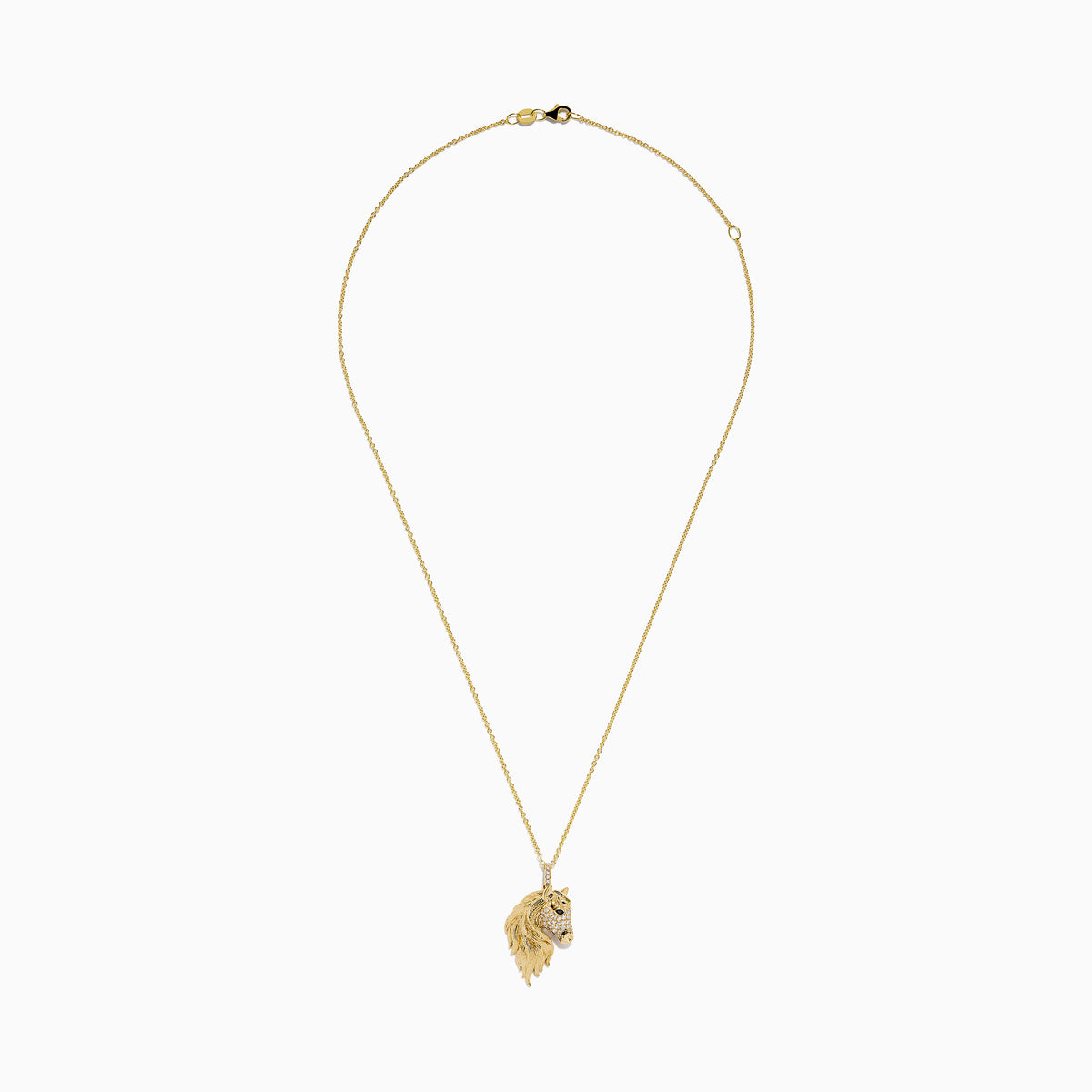 The Novelty 14K Yellow Gold White and Black Diamond Horse Pendant showcases a horse’s head with a detailed mane and sparkling diamond accents, elegantly displayed on a plain white background.