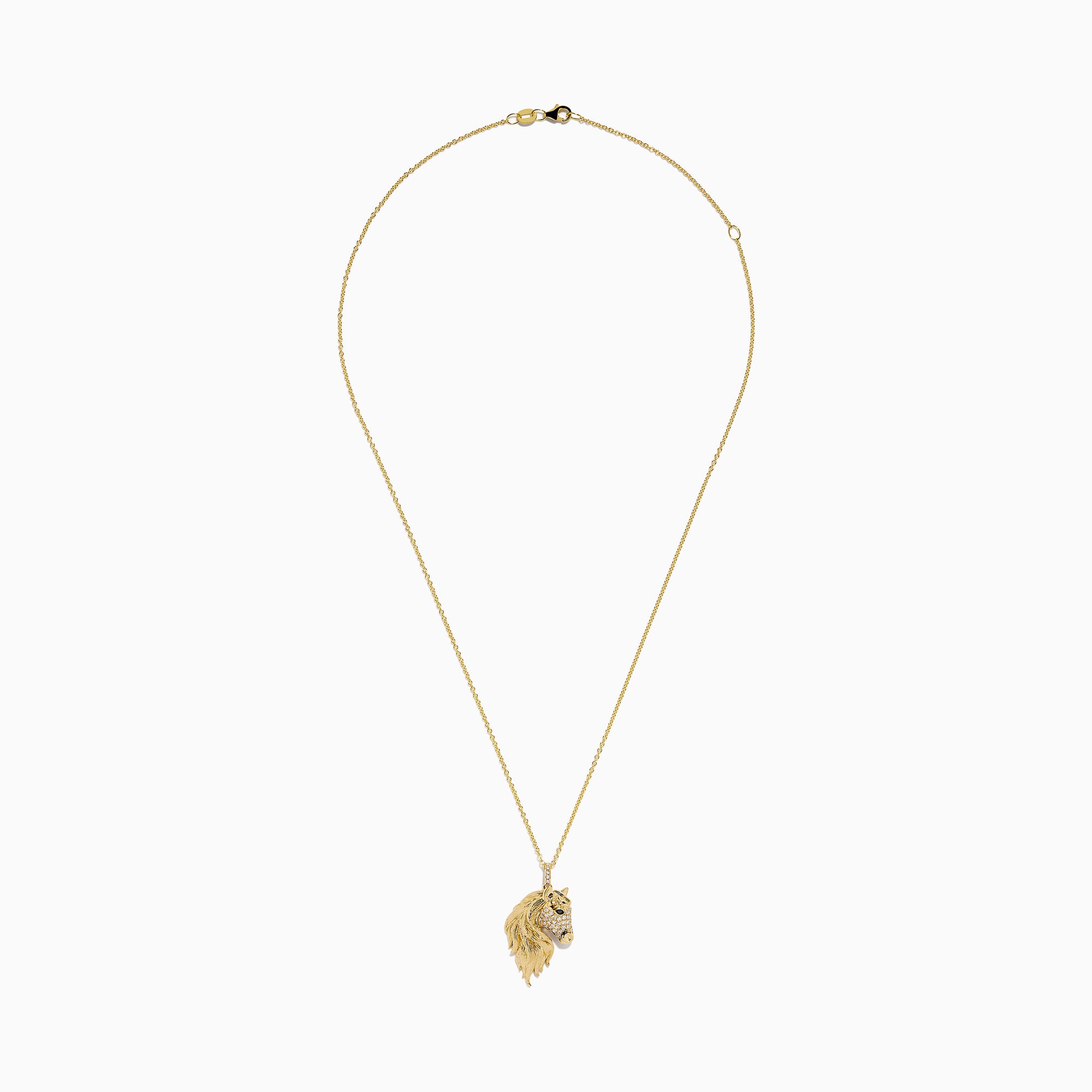 The Novelty 14K Yellow Gold White and Black Diamond Horse Pendant showcases a horse’s head with a detailed mane and sparkling diamond accents, elegantly displayed on a plain white background.