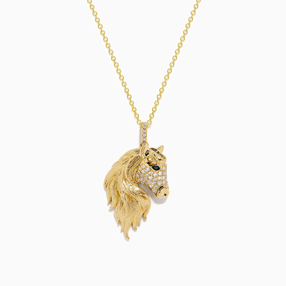 The Novelty 14K Yellow Gold White and Black Diamond Horse Pendant showcases a horse’s head with a detailed mane and sparkling diamond accents, elegantly displayed on a plain white background.