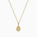 The Canare 14K Yellow Gold White and Yellow Diamond Pendant features a teardrop-shaped yellow diamond framed by two rows of white stones on a gold chain, shown on a white background.