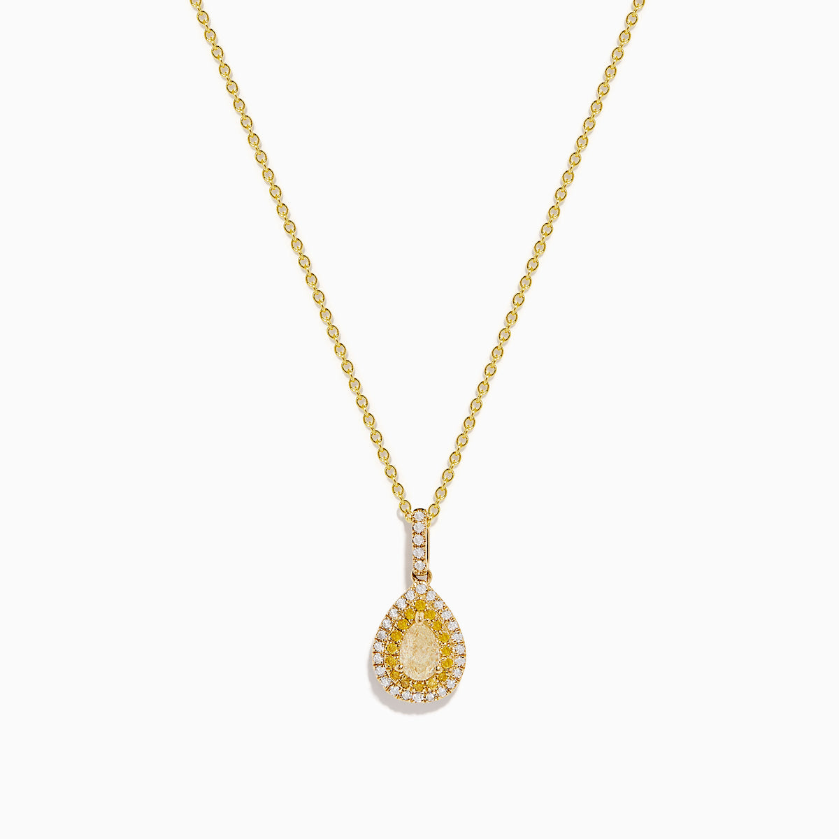 The Canare 14K Yellow Gold White and Yellow Diamond Pendant features a teardrop-shaped yellow diamond framed by two rows of white stones on a gold chain, shown on a white background.