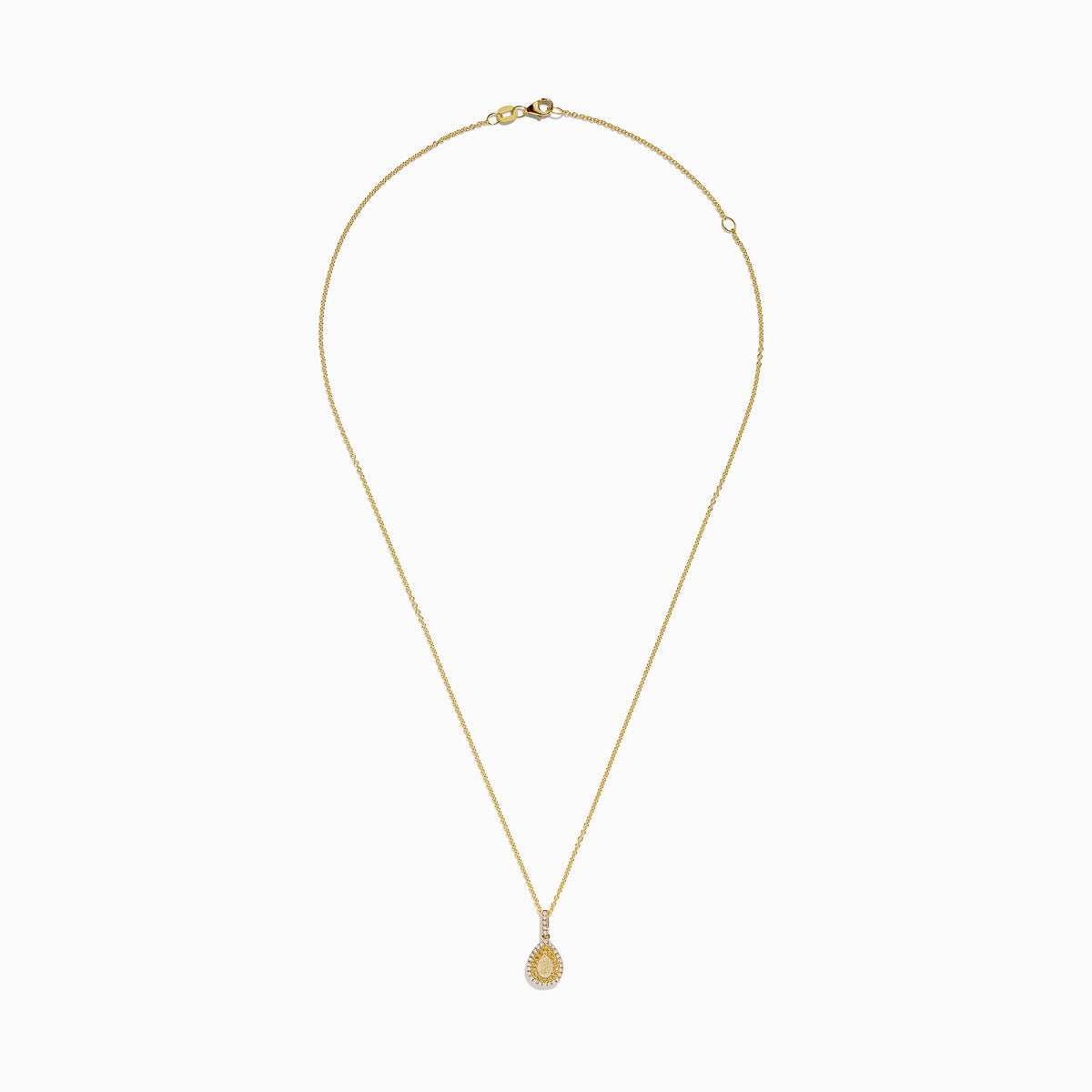 The Canare 14K Yellow Gold White and Yellow Diamond Pendant features a teardrop-shaped yellow diamond framed by two rows of white stones on a gold chain, shown on a white background.