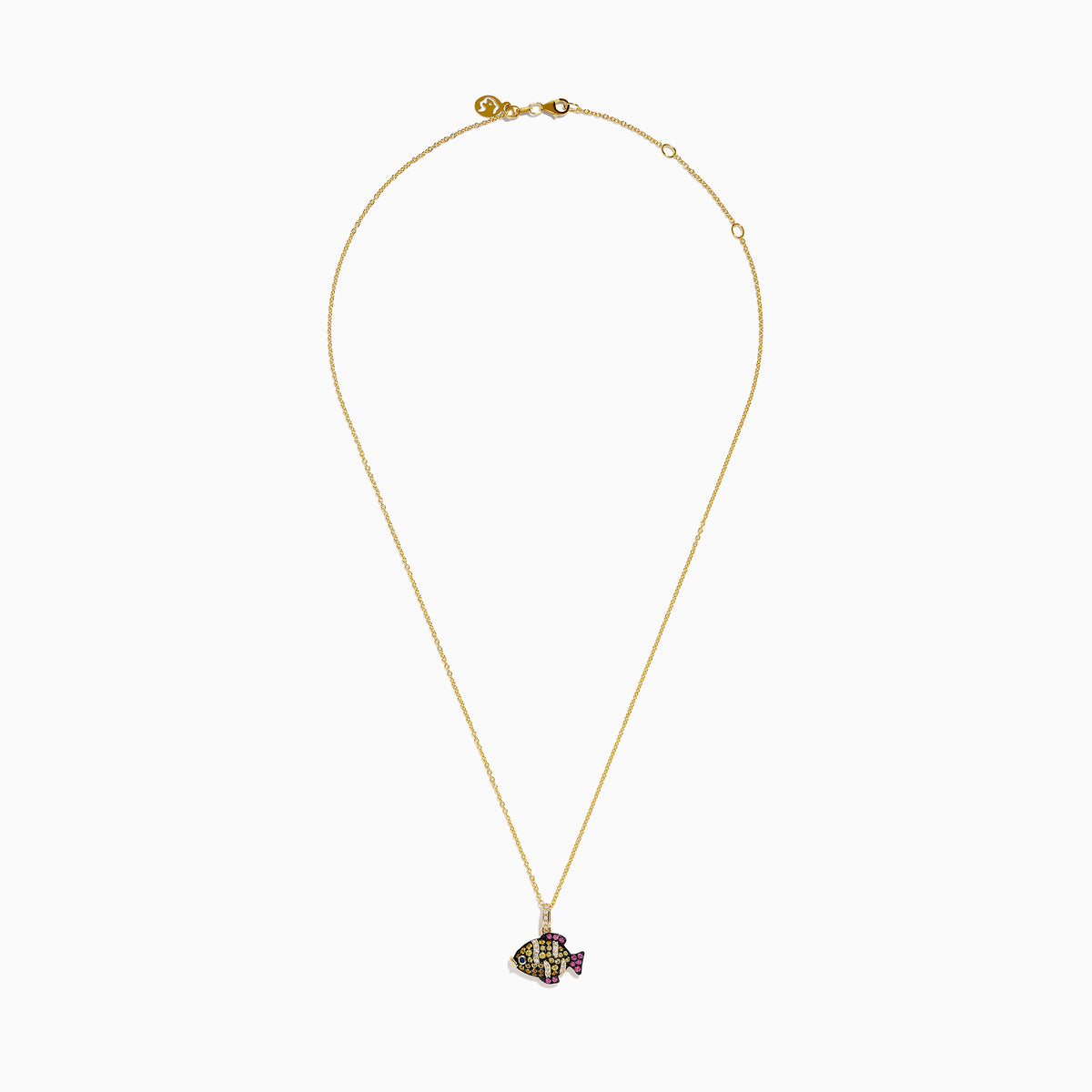 The 14K Yellow Gold Multi Sapphire and Diamond Tropical Fish Pendant features diamond accents, vibrant sapphires, a blue sapphire eye, pink fins, and a loop for attaching to your favorite chain.