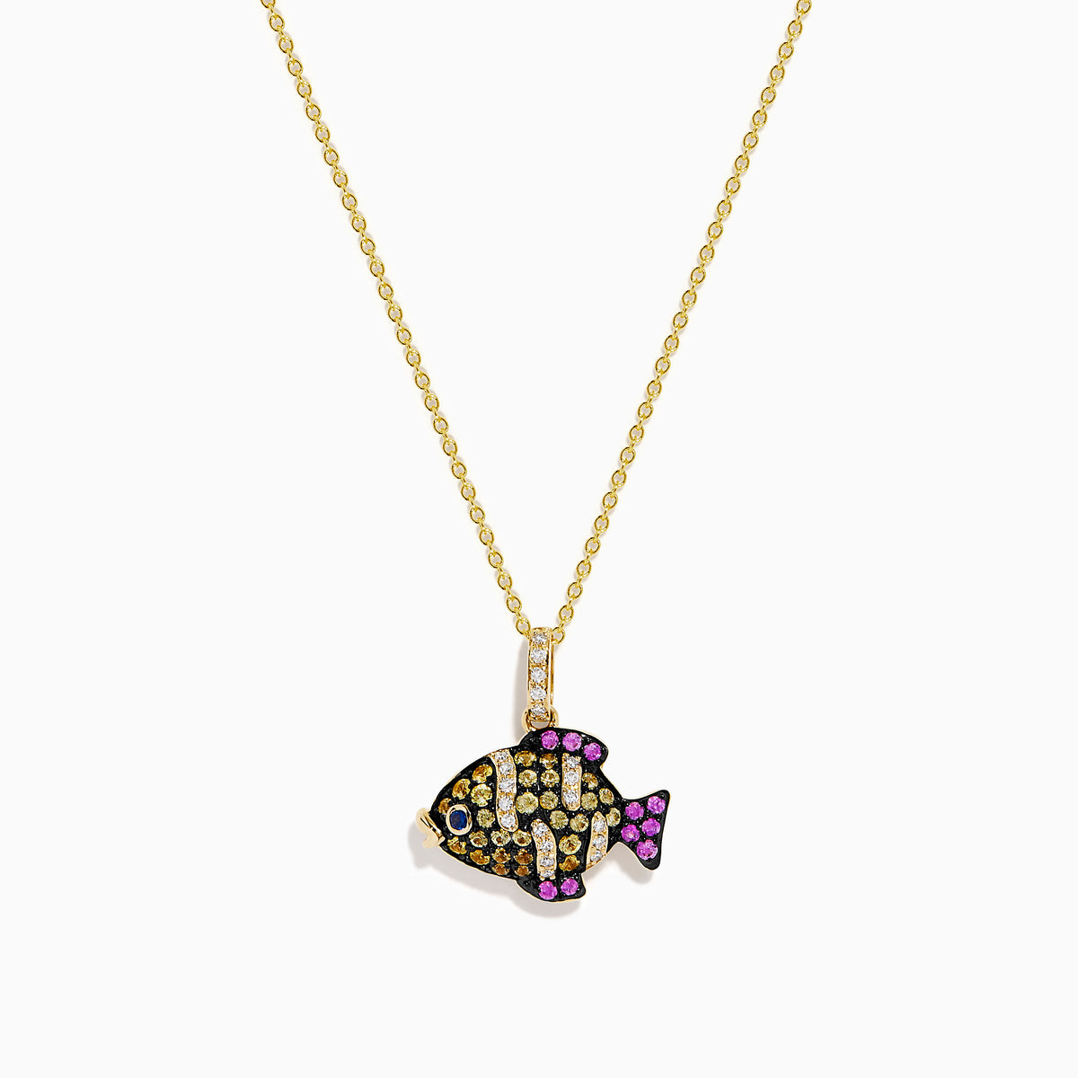 The 14K Yellow Gold Multi Sapphire and Diamond Tropical Fish Pendant features diamond accents, vibrant sapphires, a blue sapphire eye, pink fins, and a loop for attaching to your favorite chain.