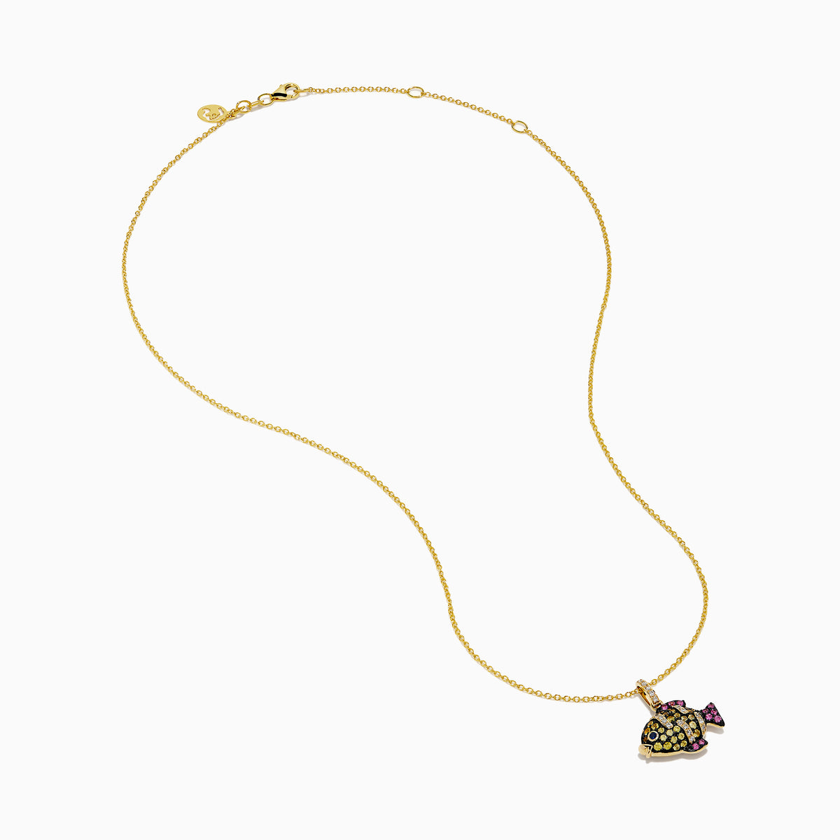 The 14K Yellow Gold Multi Sapphire and Diamond Tropical Fish Pendant features diamond accents, vibrant sapphires, a blue sapphire eye, pink fins, and a loop for attaching to your favorite chain.