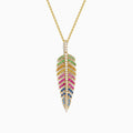 The Watercolors 14K Yellow Gold Multi Sapphire and Diamond Leaf Pendant features a yellow gold chain with a diamond leaf pendant adorned with green, red, blue, and clear sapphire gemstones.