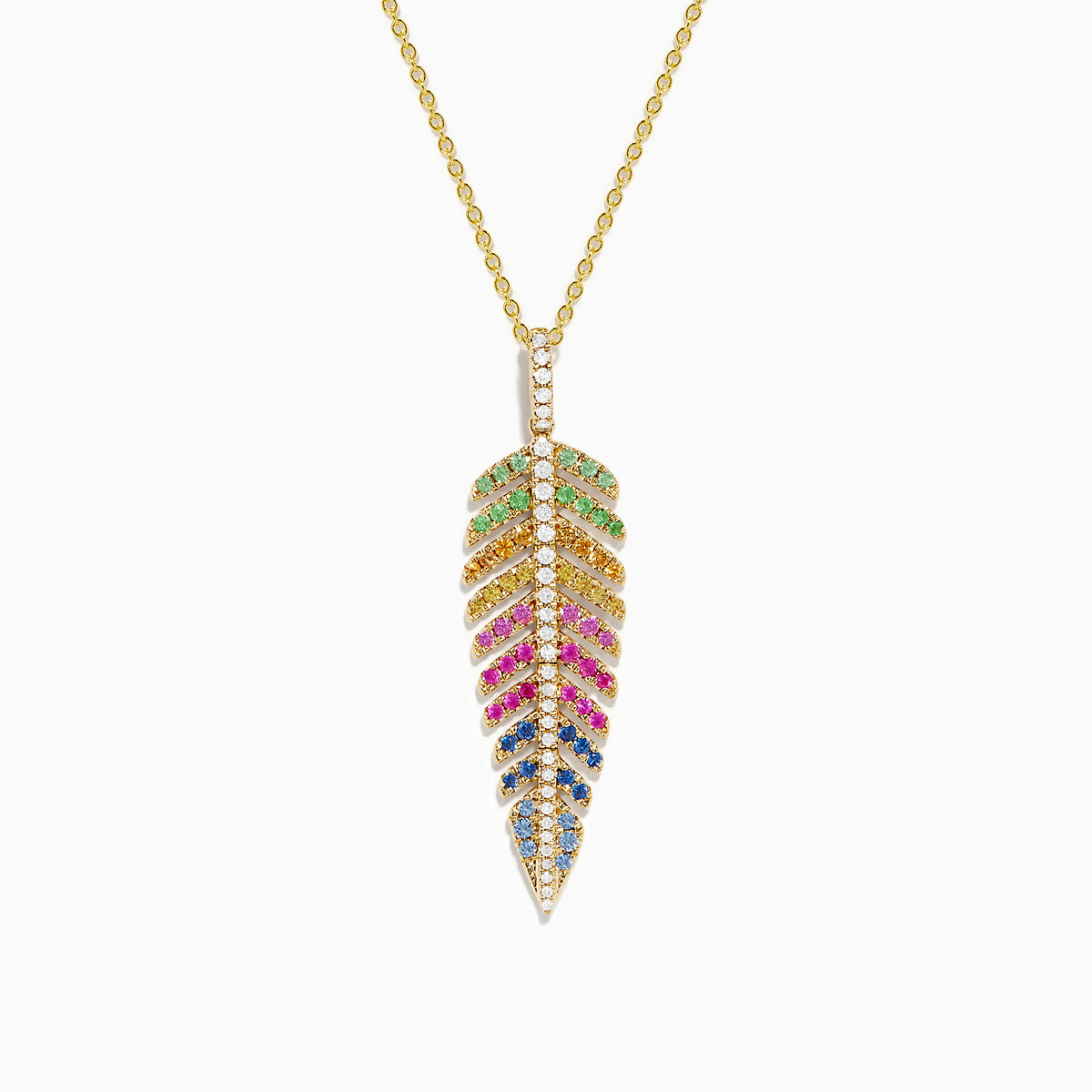 The Watercolors 14K Yellow Gold Multi Sapphire and Diamond Leaf Pendant features a yellow gold chain with a diamond leaf pendant adorned with green, red, blue, and clear sapphire gemstones.
