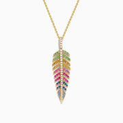 The Watercolors 14K Yellow Gold Multi Sapphire and Diamond Leaf Pendant features a yellow gold chain with a diamond leaf pendant adorned with green, red, blue, and clear sapphire gemstones.