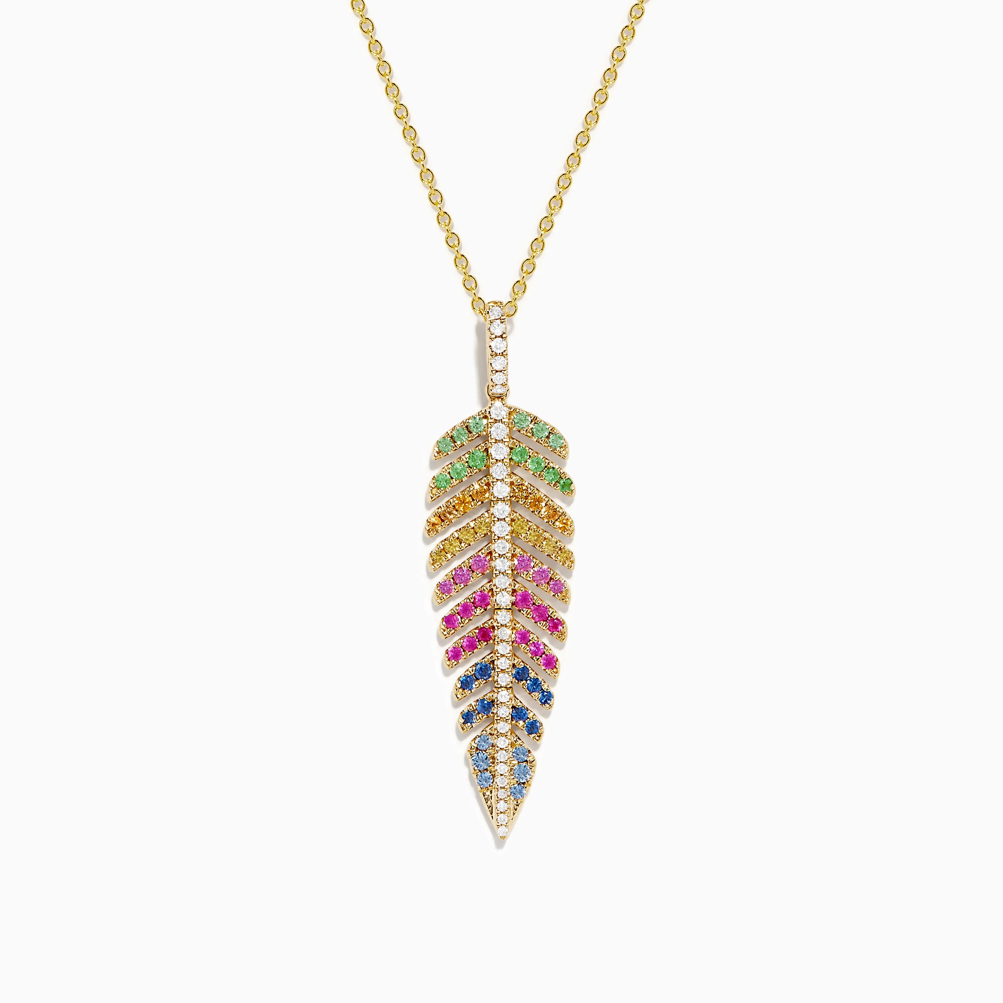 The Watercolors 14K Yellow Gold Multi Sapphire and Diamond Leaf Pendant features a yellow gold chain with a diamond leaf pendant adorned with green, red, blue, and clear sapphire gemstones.
