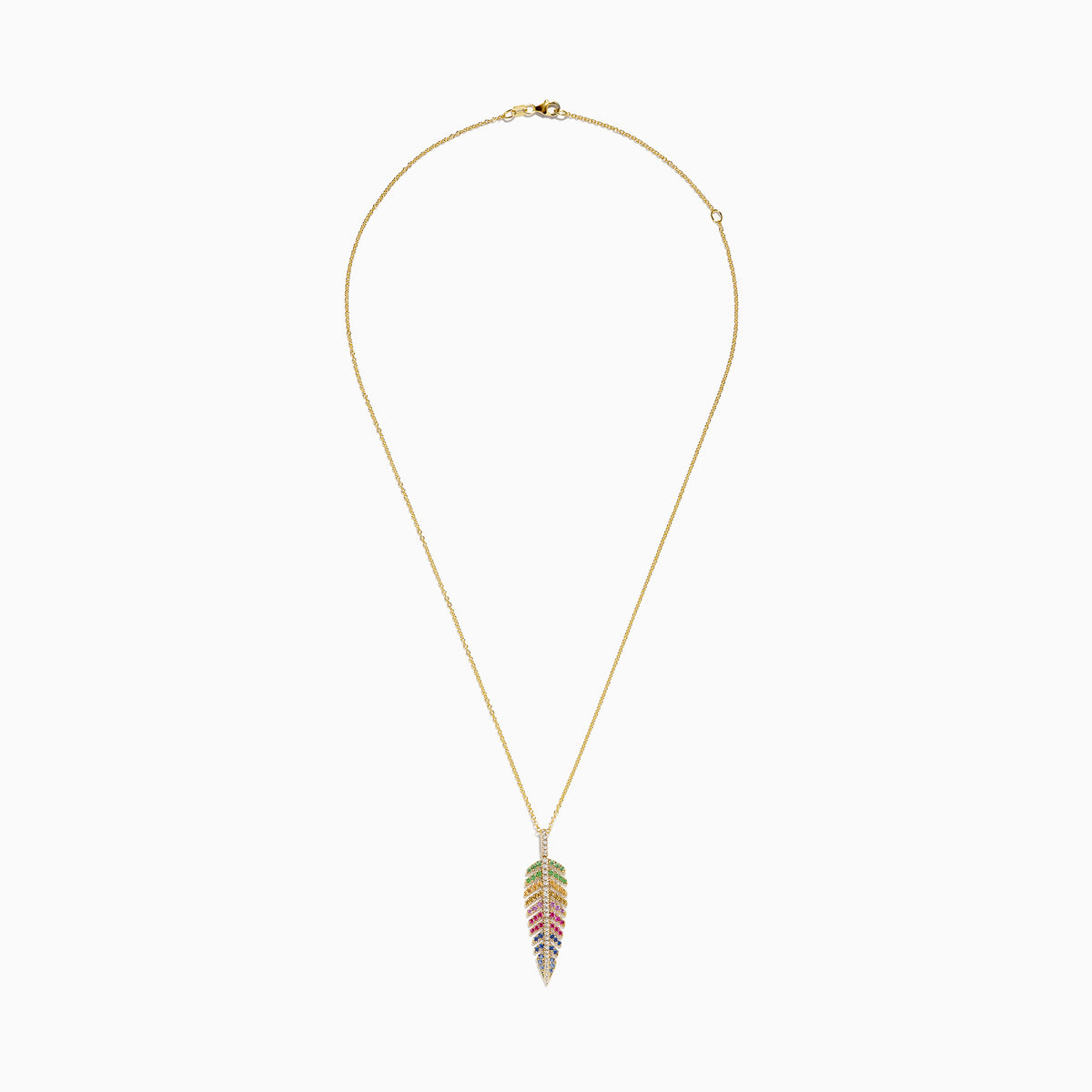 The Watercolors 14K Yellow Gold Multi Sapphire and Diamond Leaf Pendant features a yellow gold chain with a diamond leaf pendant adorned with green, red, blue, and clear sapphire gemstones.