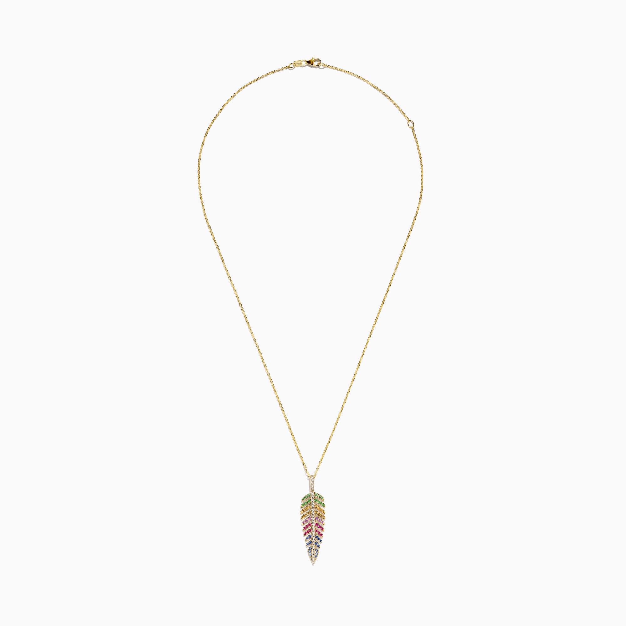 The Watercolors 14K Yellow Gold Multi Sapphire and Diamond Leaf Pendant features a yellow gold chain with a diamond leaf pendant adorned with green, red, blue, and clear sapphire gemstones.