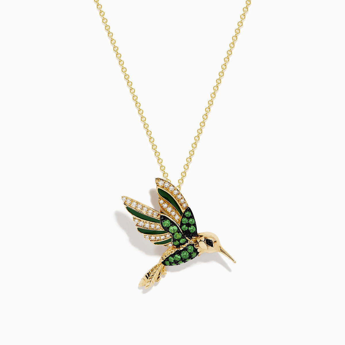 The Safari 14k Yellow Gold Tsavorite and Diamond Bird Pendant features a hummingbird design with green tsavorite and white diamonds, adding elegance to any look.