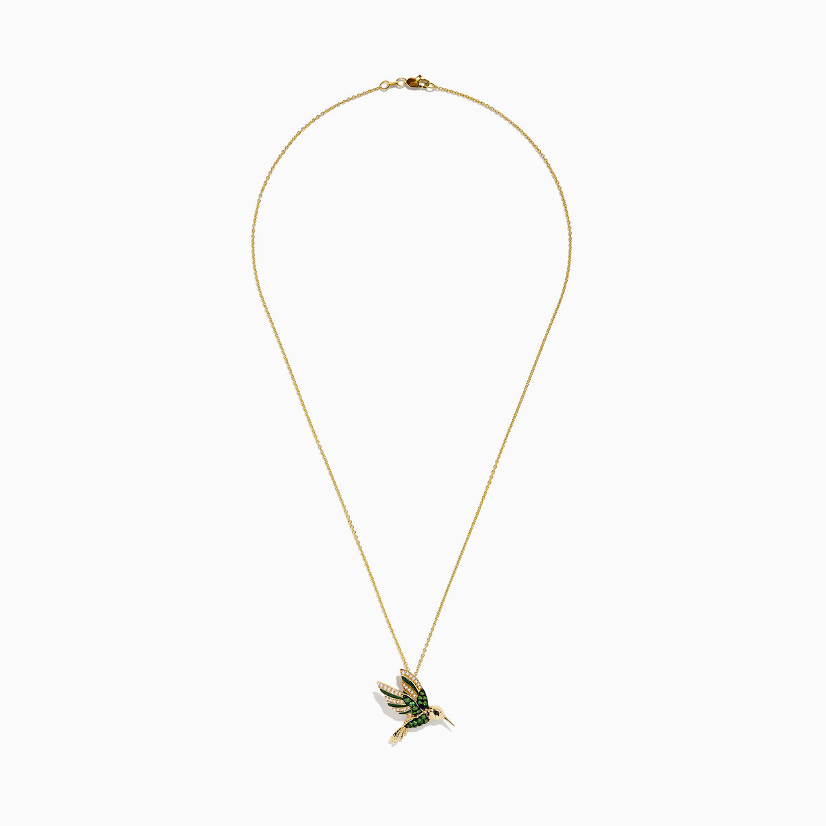 The Safari 14k Yellow Gold Tsavorite and Diamond Bird Pendant features a hummingbird design with green tsavorite and white diamonds, adding elegance to any look.