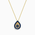 14K yellow gold chain necklace with an evil eye pendant featuring blue sapphire, black and white diamonds for a striking protective look, displayed on a white background.