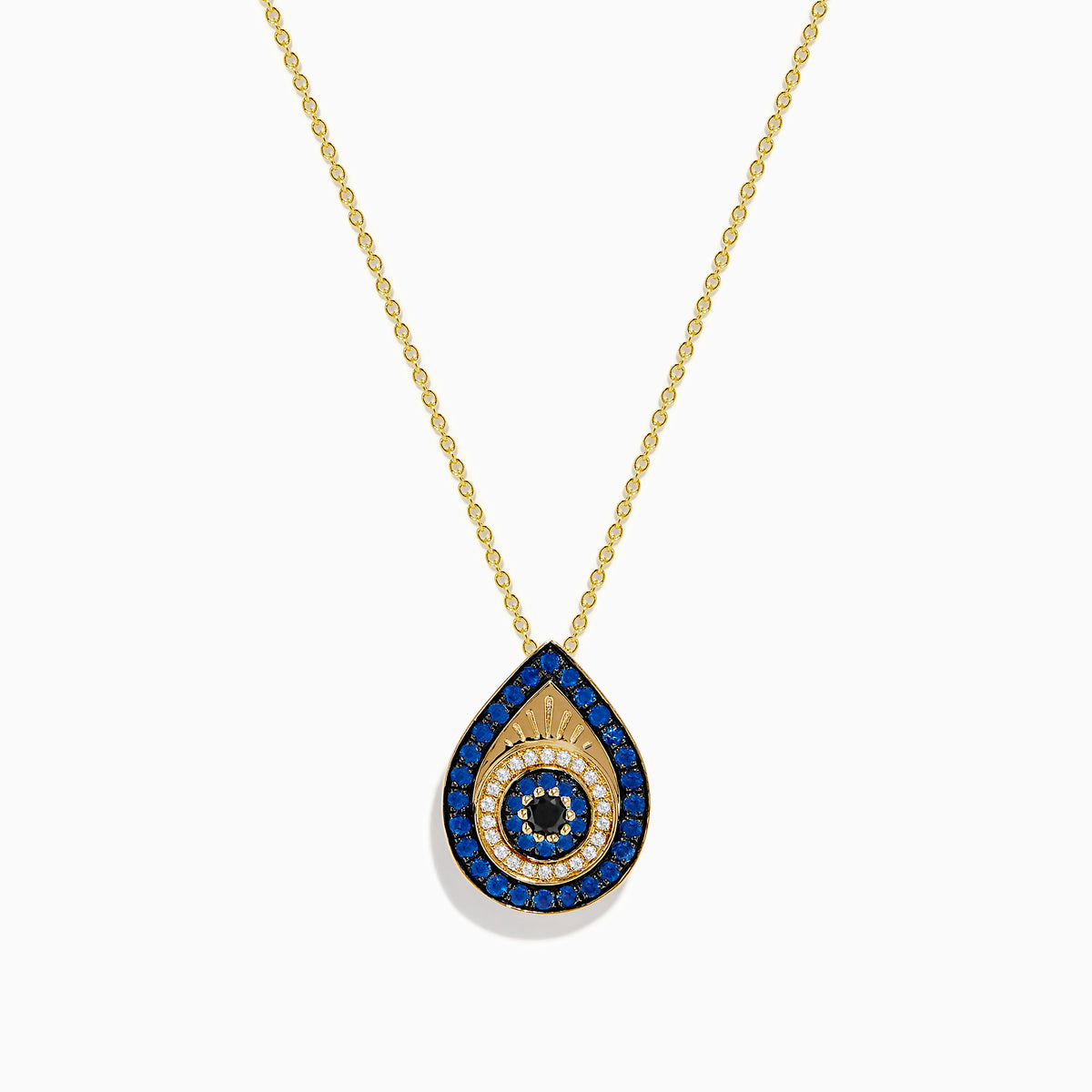 14K yellow gold chain necklace with an evil eye pendant featuring blue sapphire, black and white diamonds for a striking protective look, displayed on a white background.