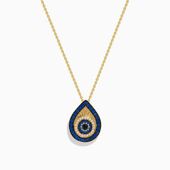 14K yellow gold chain necklace with an evil eye pendant featuring blue sapphire, black and white diamonds for a striking protective look, displayed on a white background.