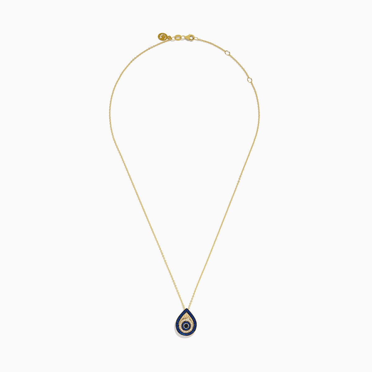 14K yellow gold chain necklace with an evil eye pendant featuring blue sapphire, black and white diamonds for a striking protective look, displayed on a white background.