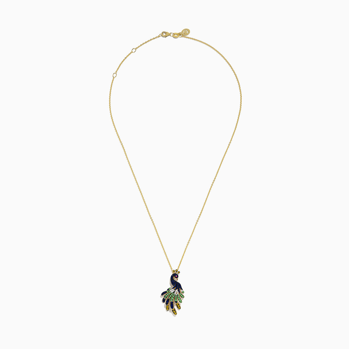 A 14K yellow gold necklace featuring the Safari Peacock Pendant, adorned with multi-color sapphires and diamonds arranged to resemble the bird’s feathers and body.