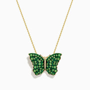 The Nature 14K Yellow Gold Tsavorite and Diamond Butterfly Pendant is shown against a white background.