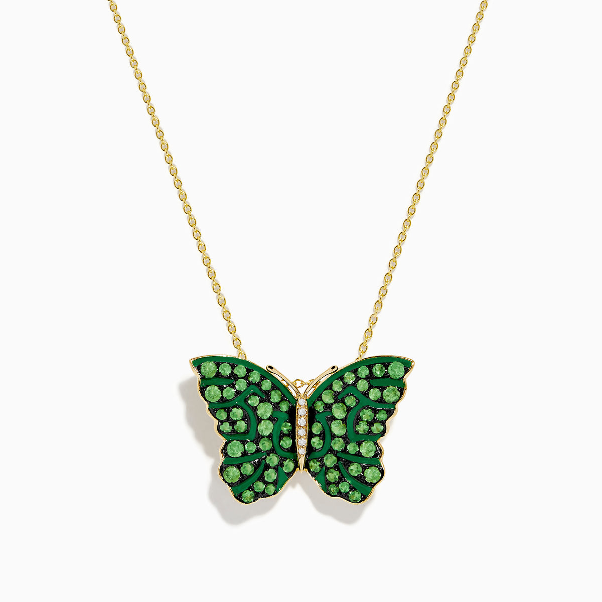 The Nature 14K Yellow Gold Tsavorite and Diamond Butterfly Pendant is shown against a white background.