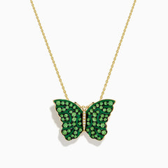 The Nature 14K Yellow Gold Tsavorite and Diamond Butterfly Pendant is shown against a white background.