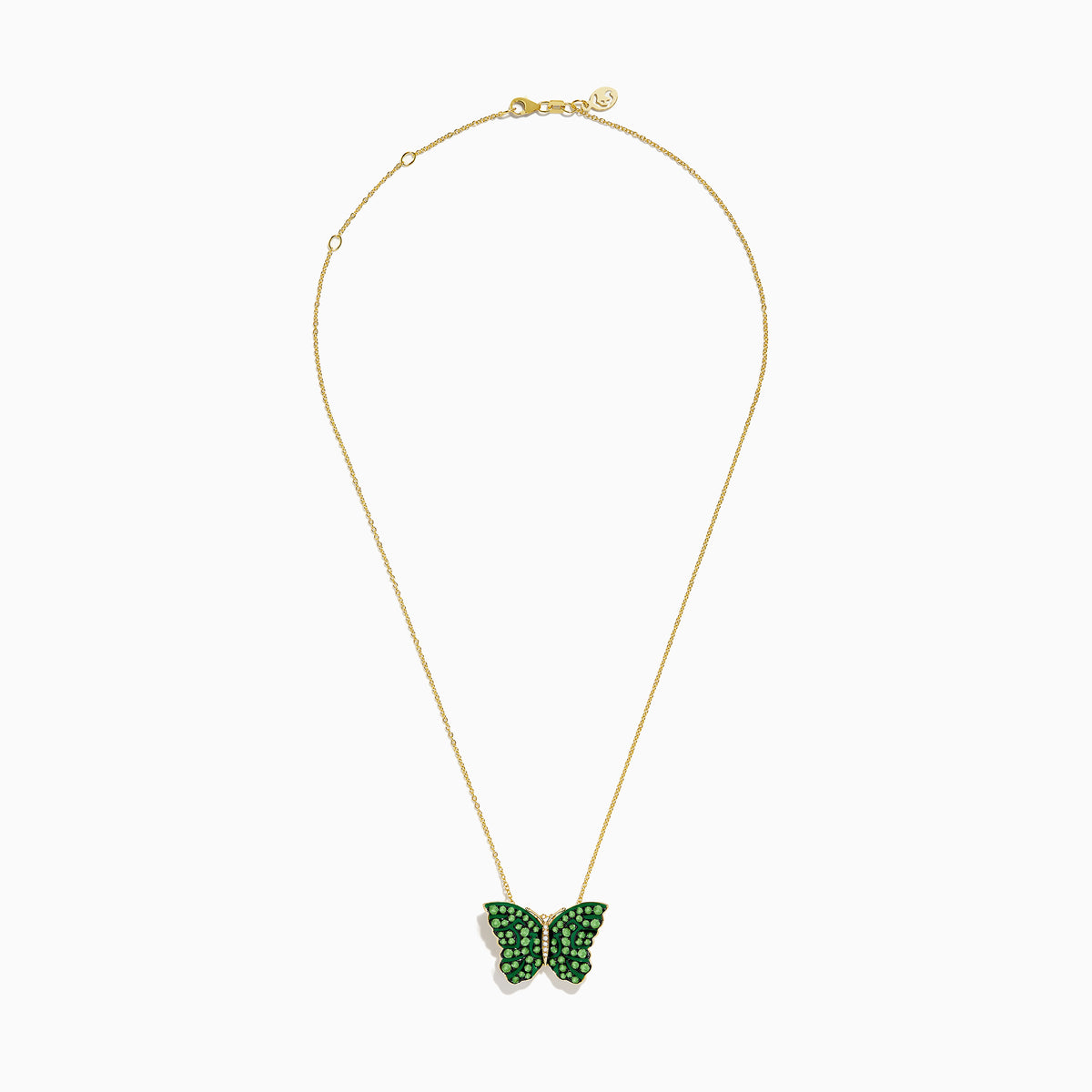 The Nature 14K Yellow Gold Tsavorite and Diamond Butterfly Pendant is shown against a white background.