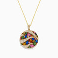 The Watercolors 14K Yellow Gold Multi Color Sapphire and Diamond Pendant features a round design with wavy lines of diamonds and clusters of pink, blue, green, yellow, and orange sapphires on a white background.