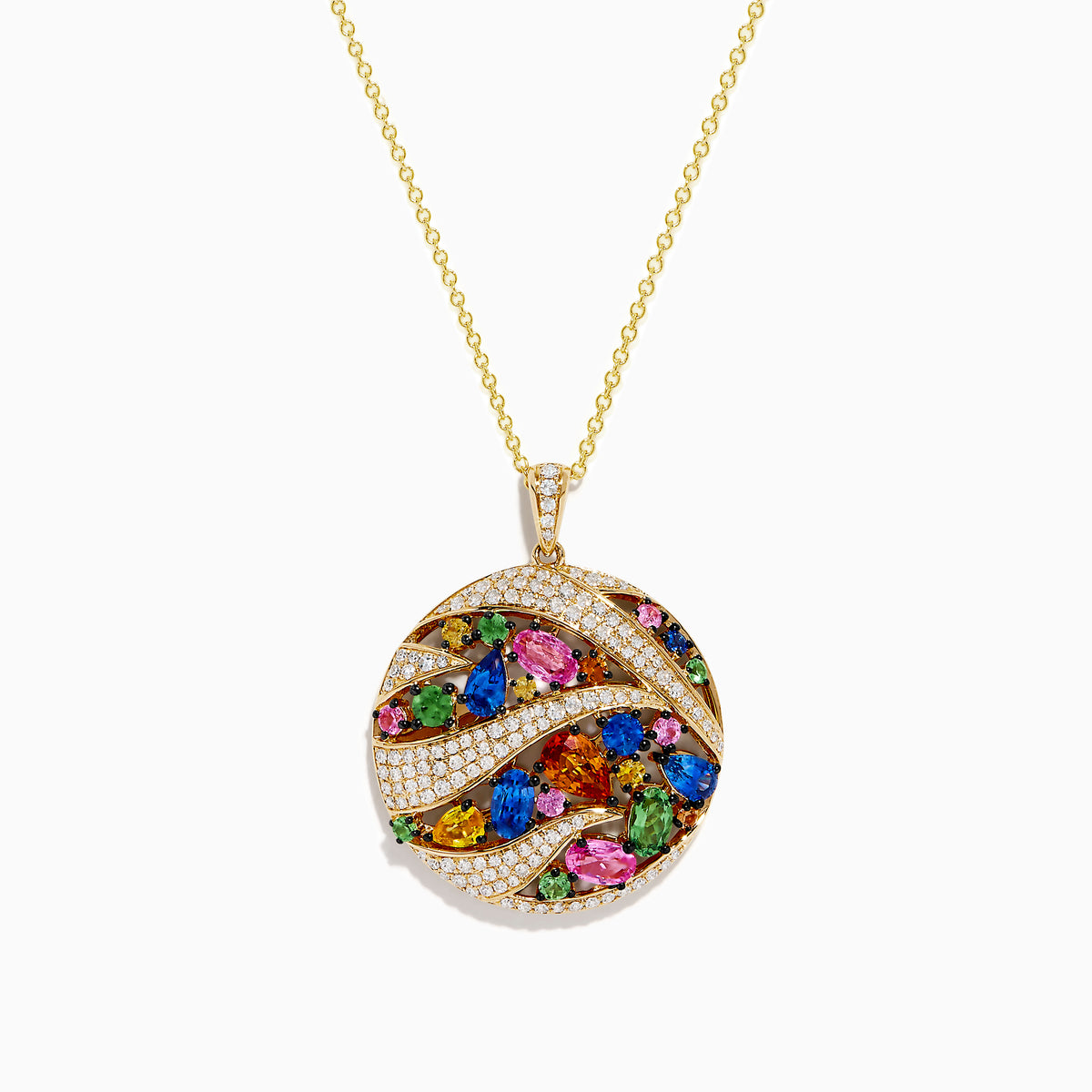 The Watercolors 14K Yellow Gold Multi Color Sapphire and Diamond Pendant features a round design with wavy lines of diamonds and clusters of pink, blue, green, yellow, and orange sapphires on a white background.