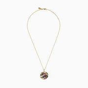 The Watercolors 14K Yellow Gold Multi Color Sapphire and Diamond Pendant features a round design with wavy lines of diamonds and clusters of pink, blue, green, yellow, and orange sapphires on a white background.