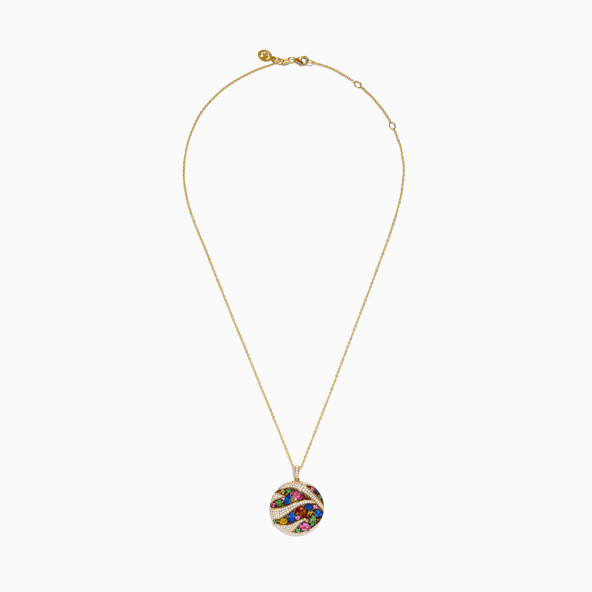 The Watercolors 14K Yellow Gold Multi Color Sapphire and Diamond Pendant features a round design with wavy lines of diamonds and clusters of pink, blue, green, yellow, and orange sapphires on a white background.