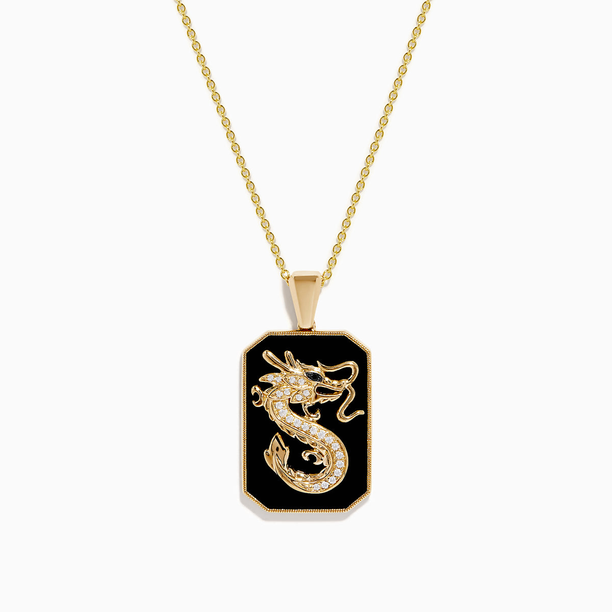 The Men’s 14K Yellow Gold White and Black Diamond Agate Dragon Dog Tag Pendant features an intricate gold dragon design with sparkling diamonds—an eye-catching statement piece for men’s jewelry collections.