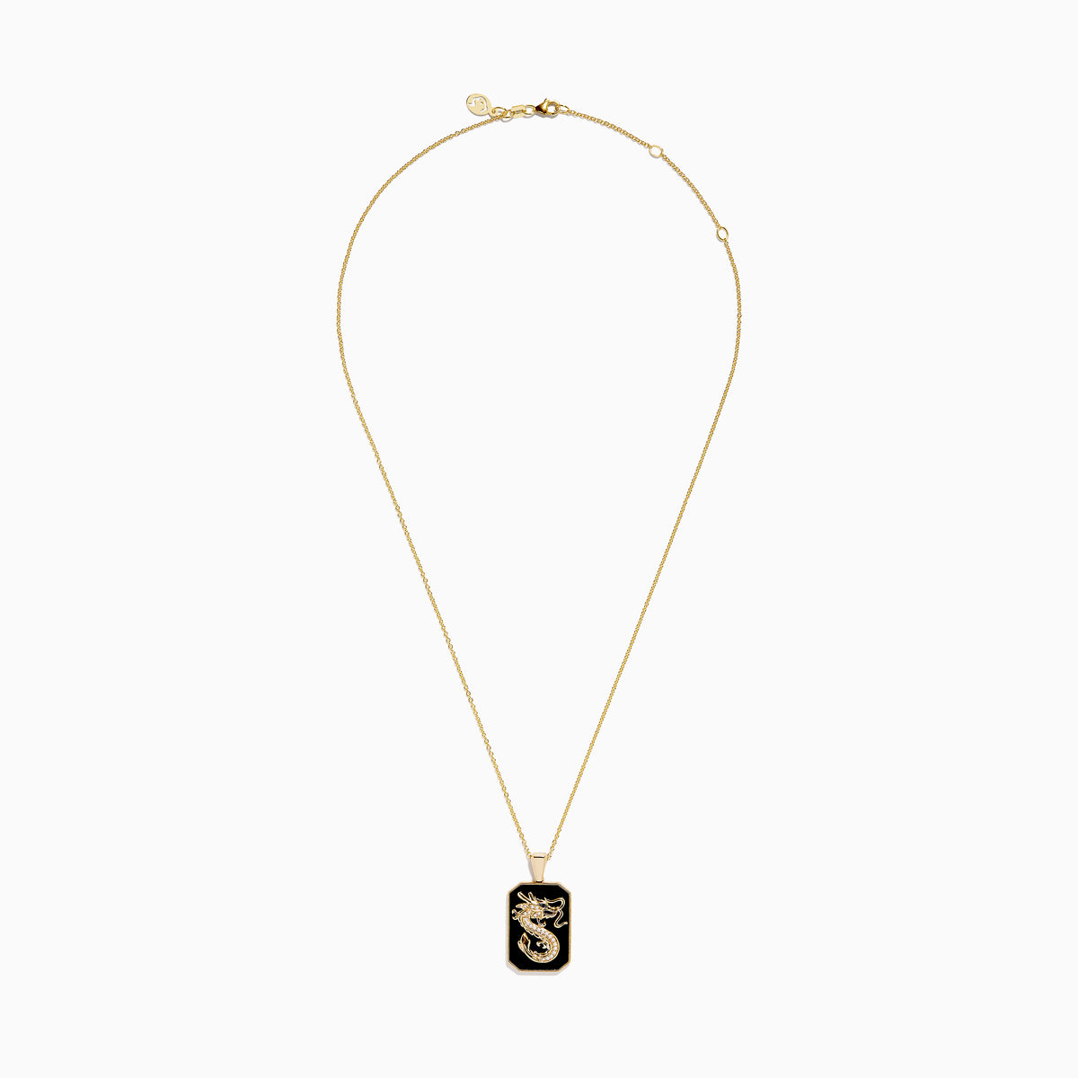 The Men’s 14K Yellow Gold White and Black Diamond Agate Dragon Dog Tag Pendant features an intricate gold dragon design with sparkling diamonds—an eye-catching statement piece for men’s jewelry collections.