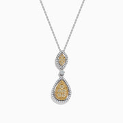 The Canare 14K Two Tone Gold Yellow and White Diamond Pendant features a silver chain with marquise and teardrop shapes set with yellow diamond clusters bordered by sparkling white diamonds.