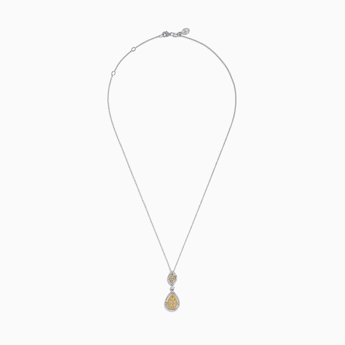 The Canare 14K Two Tone Gold Yellow and White Diamond Pendant features a silver chain with marquise and teardrop shapes set with yellow diamond clusters bordered by sparkling white diamonds.
