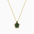 14K Yellow Gold Tsavorite, Yellow Sapphire, and Diamond Turtle Pendant necklace with gemstone accents, shown on a white background.