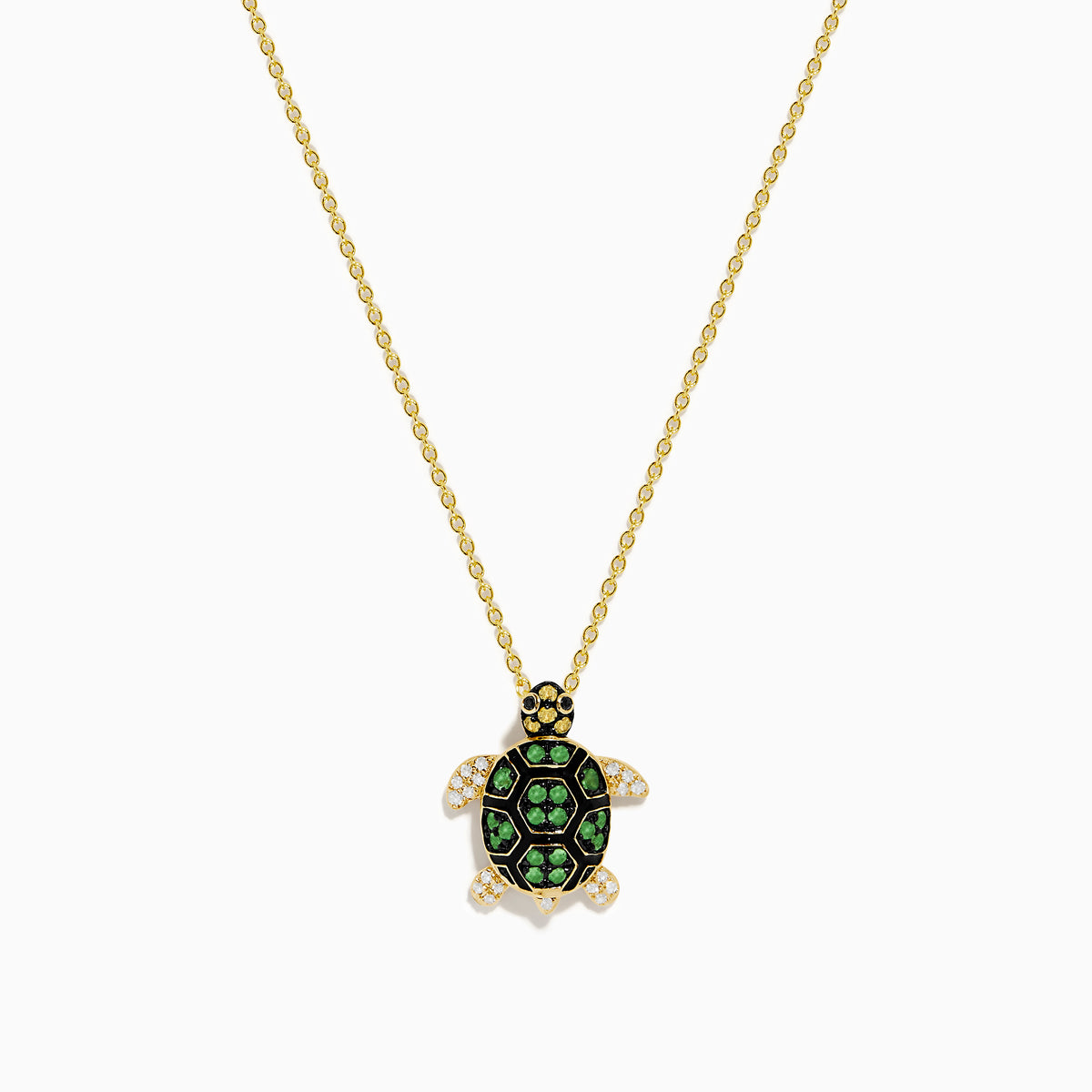 14K Yellow Gold Tsavorite, Yellow Sapphire, and Diamond Turtle Pendant necklace with gemstone accents, shown on a white background.