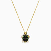14K Yellow Gold Tsavorite, Yellow Sapphire, and Diamond Turtle Pendant necklace with gemstone accents, shown on a white background.