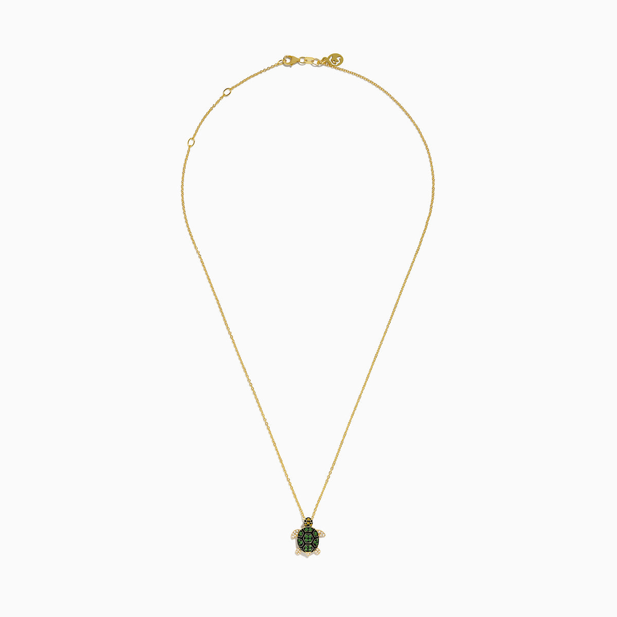 14K Yellow Gold Tsavorite, Yellow Sapphire, and Diamond Turtle Pendant necklace with gemstone accents, shown on a white background.