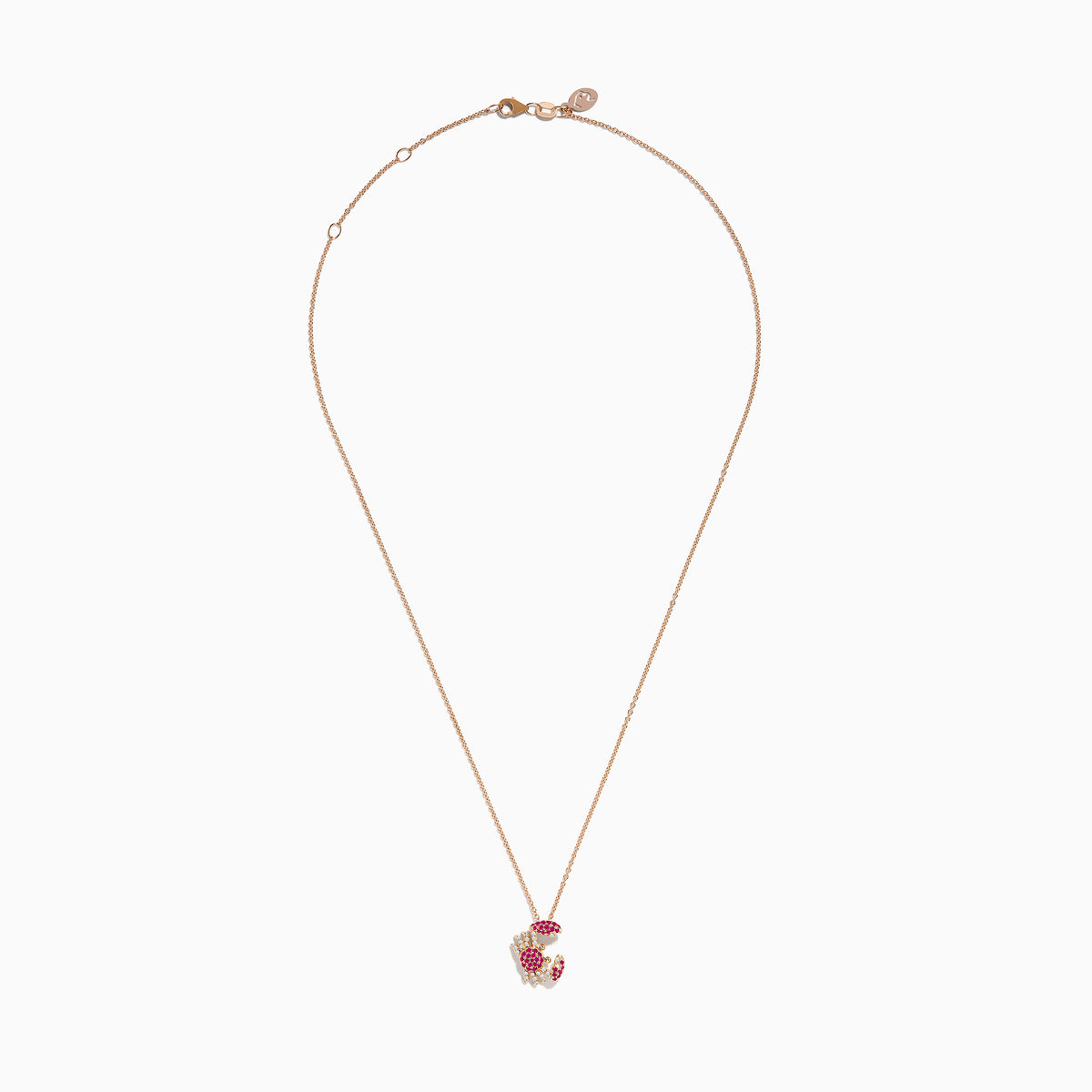 The Seaside 14K Rose Gold Pink Sapphire and Diamond Crab Pendant features a sparkling diamond crab, accented with red, white, and pink sapphires on a delicate chain.