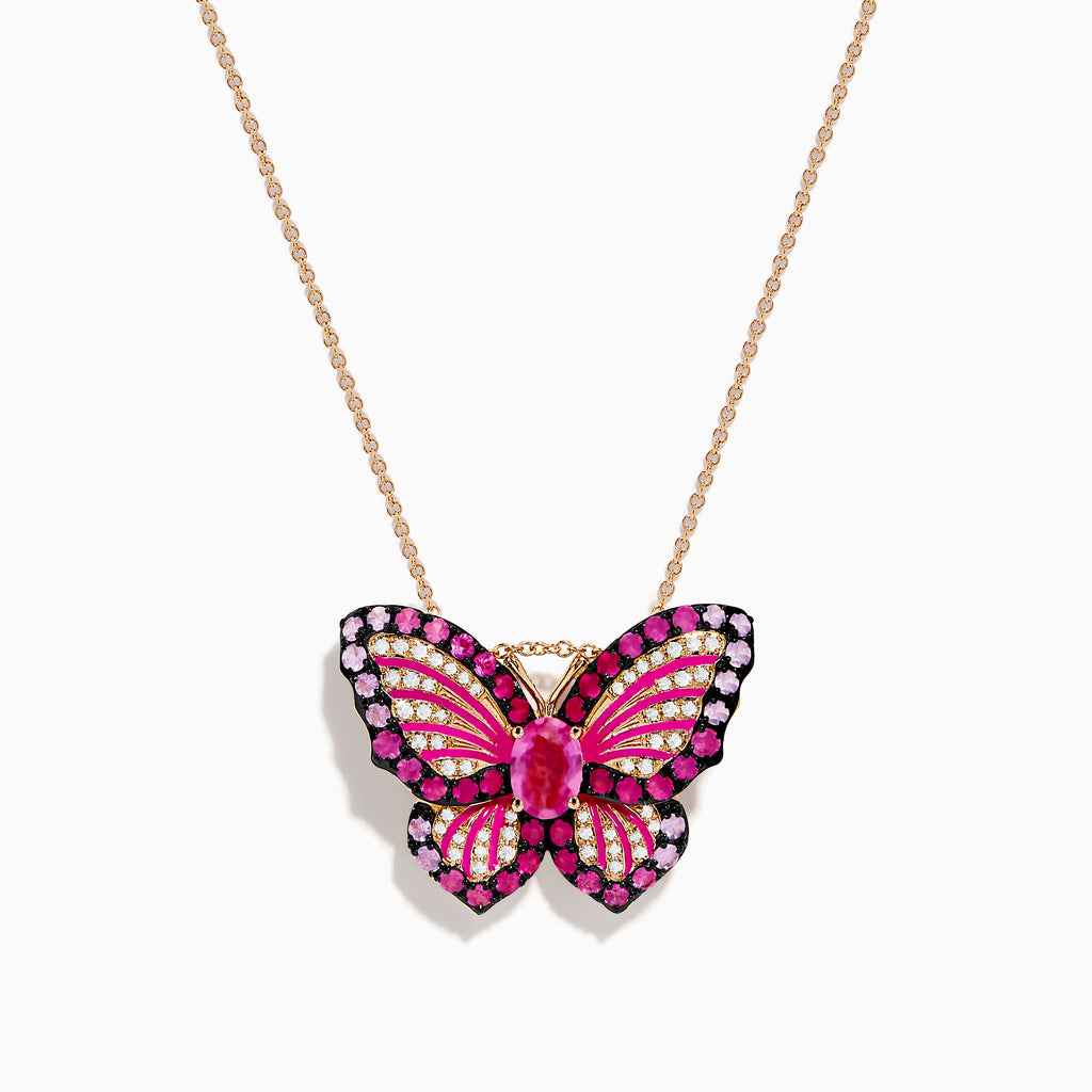 The Nature 14K Rose Gold Pink Sapphire Ruby and Diamond Butterfly Pendant features a rose gold chain with a butterfly design set with pink, red, and white gemstones, and an oval pink sapphire at the center.