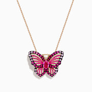 The Nature 14K Rose Gold Pink Sapphire Ruby and Diamond Butterfly Pendant features a rose gold chain with a butterfly design set with pink, red, and white gemstones, and an oval pink sapphire at the center.