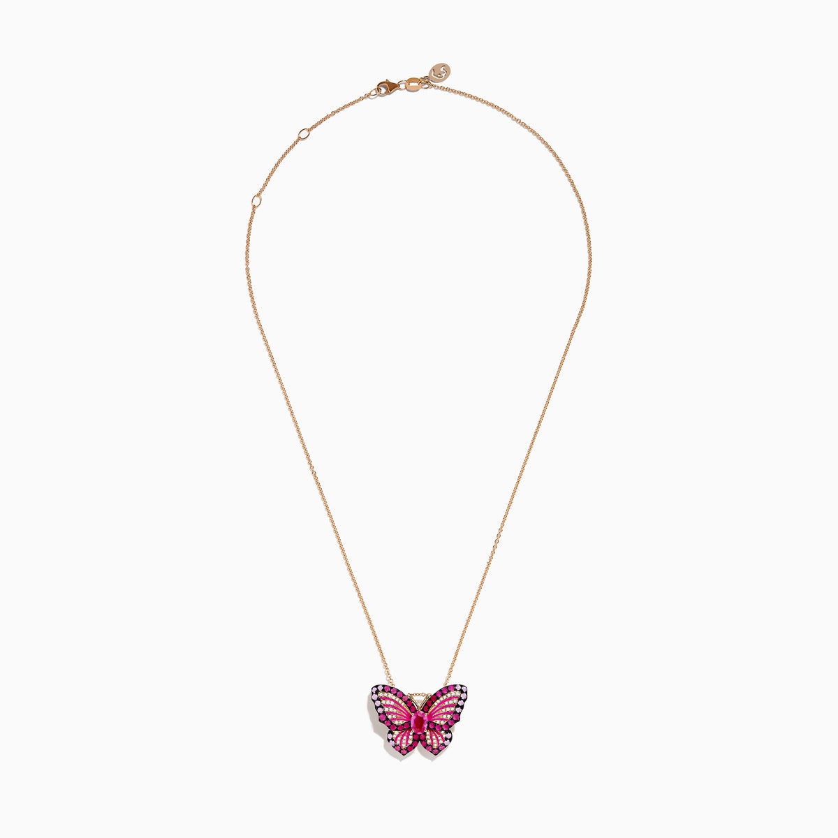 The Nature 14K Rose Gold Pink Sapphire Ruby and Diamond Butterfly Pendant features a rose gold chain with a butterfly design set with pink, red, and white gemstones, and an oval pink sapphire at the center.