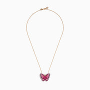 The Nature 14K Rose Gold Pink Sapphire Ruby and Diamond Butterfly Pendant features a rose gold chain with a butterfly design set with pink, red, and white gemstones, and an oval pink sapphire at the center.